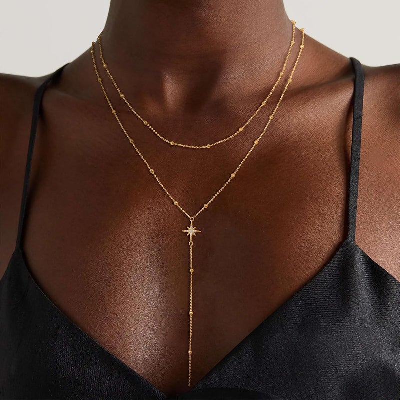 Funsanny Store Lariat Necklaces for Women - Dainty Long Necklace Trendy 14K Gold Plated Hypoallergenic Layered Long Y-Shape Sunburst CZ T-Bar Pendant Drop Chain Necklace Set for Women Non Tarinsh Jewelry - Image 3